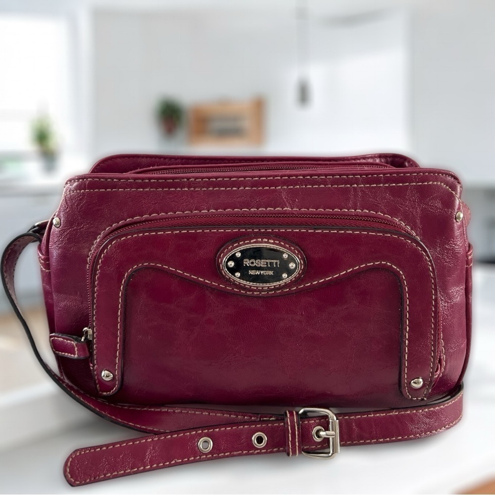 Rosetti Burgundy Vegan Leather Crossbody Bag Purse with Silver Accent Hardware